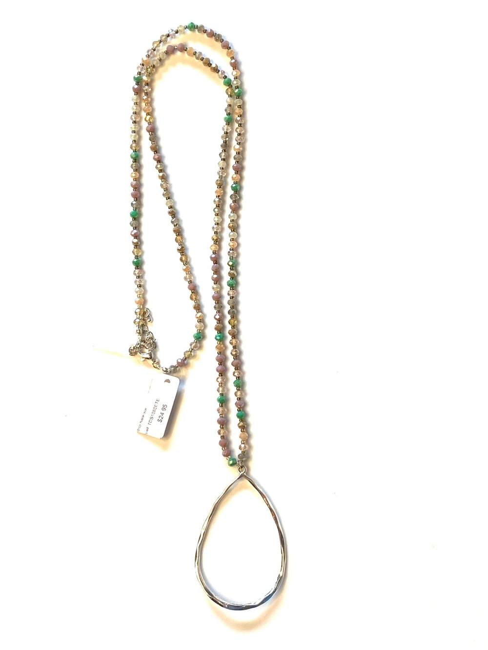 Long Beaded Necklace with Silver Teardrop Pendant in Green, Pink, Cream